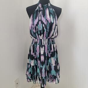 Chelsea 28 Halter‎ Smocked Abstract Tiered A-Line Mini Dress Sz Large Cocktail
